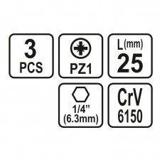 65470 STHOR Set 3 biti pozidrive PZ1, prindere hex..